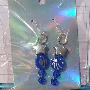 Star and Bead Silver Blue Earrings